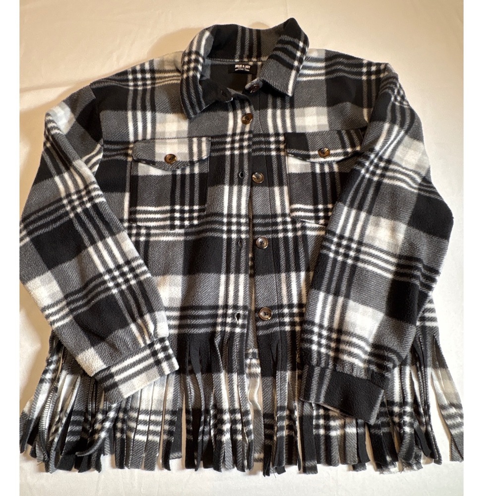 Jolie & Joy Plaid Fringe Fleece Shacket Jacket Black Grey White Large J4H7638C